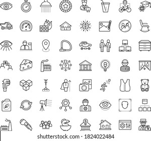 Thin outline vector icon set with dots - avoid contacts vector, teddy bear, vision, Photo services, Cutter knife, Bandwidth, website optimization, vest, house, Tipper, business people, worker, hero