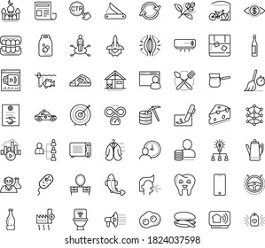Thin outline vector icon set with dots - muscle pain vector, sneezing, area of specialization, hr planning, Collaborative idea, AI Architecture, Autopilot, Bitrate, Streaming software, Target, pizza