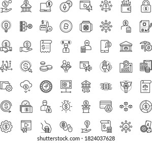 Thin outline vector icon set with dots - Video marketing vector, Cost per click, budget, Pay, Investor, Angel, Entrepreneur, project, rent deposit, blockchain, bitcoin, fintech innovation, industry