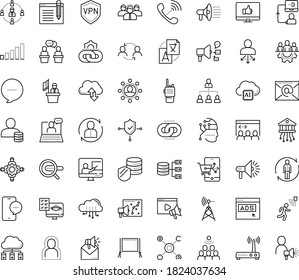 Thin outline vector icon set with dots - self isolation vector, teamwork, Human Resources, Resour es, Translation service, Search engine, Video marketing, Mail, Web Link, Distance Exam, Webinar, low