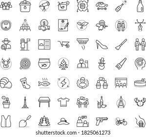 Thin outline vector icon set with dots - chills vector, Christmas, snowman, champagne, elk, stocking, successful woman, Wheelbarrow, Plant, Hand saw, job interview, Cognitive Science, Audience, hat