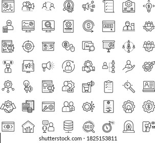 Thin outline vector icon set with dots - Human Resources vector, referral, hr manager, department, planning, software, services, SEO, Web analytics, Target keywords, Social media marketing, testing