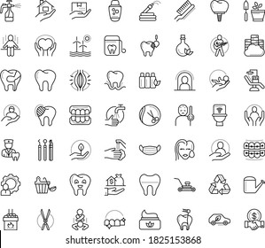 Thin outline vector icon set with dots - quarantine vector, fever, medical mask, wash hands, muscle pain, Lawnmower, Watering can, Gardening scissors, Garden hose, Spray bottle, babysitting service