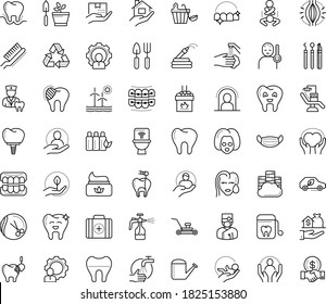 Thin outline vector icon set with dots - quarantine vector, fever, medical mask, wash hands, muscle pain, Lawnmower, Watering can, Garden hose, Gardening tools, Spray bottle, babysitting service