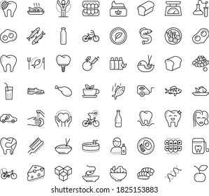 Thin outline vector icon set with dots - stay hydrated vector, champion, sneakers, Fish, Salad, seafood, breakfast, vegetarian, bread, Bike Child seat, pet trailer, electric bycicle, caring, sardine