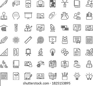 Thin outline vector icon set with dots - resume vector, eLearning, Computer Based Training, Interactive Course, Online, Video, Distance teacher, Asynchronous Learning, electronic Book, coaching, Pen