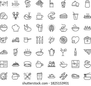 Thin outline vector icon set with dots - restaurant menu vector, starters, Soup, Fish, chef dish, Beverage, Pasta, Pizza, Salad, drinks, sandwich, seafood, chicken, dating, mussel, sardine, eel, hat