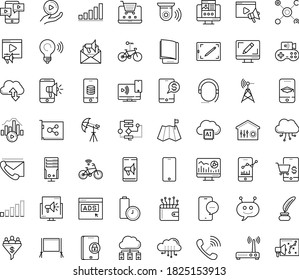 Thin outline vector icon set with dots - Landing page vector, Video marketing, Web analytics, Mobile, Webdesign, Email, electronic Book, Learning, Algorithm, Chat Bot, blog, Game streaming, Adaptive