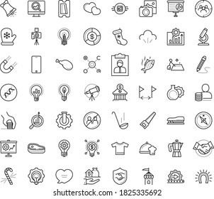 Thin outline vector icon set with dots - avoid contacts vector, Santa gloves, christmas stocking, candy cane, bell, innovation, Hand saw, Photo services, SEO monitoring, Marketing research, Stapler