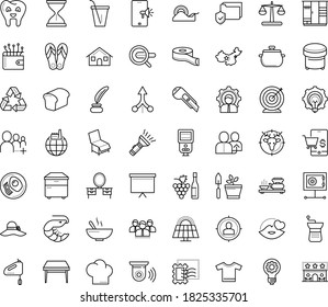 Thin outline vector icon set with dots - goal vector, Winemaking, referral, Search engine, Board stand, Scotch tape, Cutter knife, Inkwell, Stamps collecting, Hunting, Gardening, woman hat, t shirt