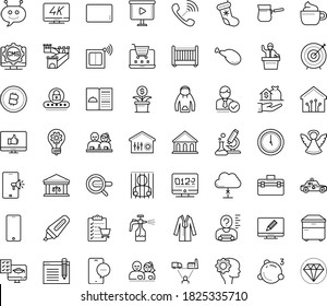 Thin outline vector icon set with dots - angel vector, christmas stocking, innovation, Spray bottle, Search engine, Distance Exam, Chat Bot, Marker, video Presentation, 4K Streaming, Target, hoodie