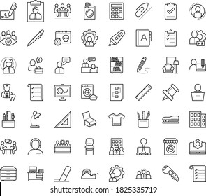 Thin outline vector icon set with dots - hr manager vector, consulting, job interview, Laundry service, User, Business Company, Stationery, Paperclip, Pen, Eraser, Pin, Stapler, Scotch tape, Marker