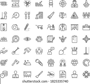 Thin outline vector icon set with dots - Shovel vector, Rake, Wheelbarrow, Hand saw, Gardening tools, Garden pruner, hr consulting, permanent recruitment, resume, Cleaning service, Team building