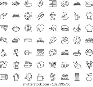Thin outline vector icon set with dots - gingerbread man vector, candy cane, Gardening, restaurant menu, starters, Soup, Pasta, Pizza, Salad, sandwich, dessert, chicken, dating, mussel, fish steak