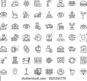 Thin outline vector icon set with dots - chills vector, vision, Gardening tools, Car rental, Investor, Entrepreneur, Audience, website optimization, testing, Stamps collecting, house, concrete mixer