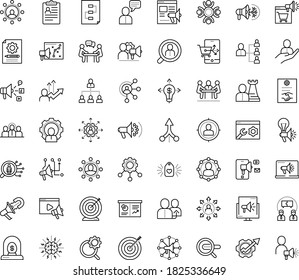 Juego de iconos de vector de contorno delgado con puntos - vector de objetivo, derivación, departamento de hr, planificación, consultoría, contratación permanente, externalización, políticas, soluciones, estrategia, motor de búsqueda, marketing de vídeo