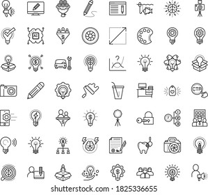 Thin outline vector icon set with dots - innovation vector, Car repair service, SEO copywriting, Creative campaign, Entrepreneurship, Business Company, Collaborative idea, Brain storm, Priority