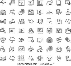 Thin outline vector icon set with dots - hr software vector, Car repair service, Video marketing, Pay per click, Affiliate, eLearning, Distance Learning, training, electronic Book, Online coaching