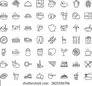 Thin outline vector icon set with dots - restaurant menu vector, starters, Soup, Fish, main dish, chef, Beverage, Pasta, Pizza, Salad, drinks, sandwich, seafood, chicken, vegetarian, dating, mussel