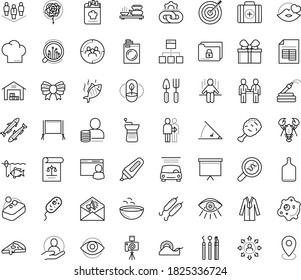 Thin outline vector icon set with dots - festive bow vector, Garden hose, Gardening tools, Laundry service, Car wash, Target Audience, Semantic Analysis, Board stand, Scotch tape, Marker, Vision