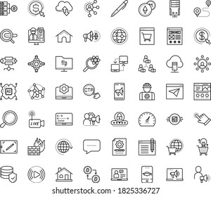 Thin outline vector icon set with dots - Search engine vector, Cost per click, Digital marketing, Content management, Mobile, Affiliate, Computer Based Training, Asynchronous Learning, Webinar, Pen