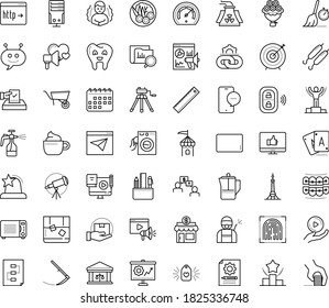 Thin outline vector icon set with dots - chills vector, winner, Scythe, Spray bottle, Disinfection service, Ranking, Content management, Marketing analytics, Blended Learning, Small business, Target
