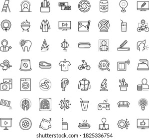 Thin outline vector icon set with dots - quarantine vector, sneezing, christmas wreath, goal, Photo services, SEO, Pencil and ruler, Binder clip, video Presentation, Digital illustration, games, tv