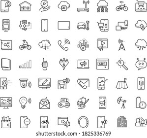 Thin outline vector icon set with dots - Car repair service vector, Video marketing, Web analytics, Target keywords, Webdesign, Digital, Email, Mobile, electronic Book, Algorithm, Chat Bot, Bitrate
