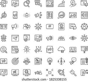 Thin outline vector icon set with dots - growth vector, Video marketing, Web analytics, Target keywords, Social media, SEO monitoring, Search optimization, Cost per click, Digital, research, Mobile