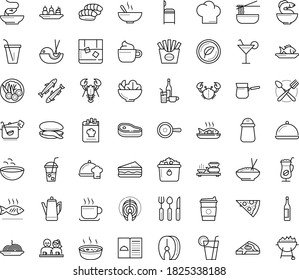 Thin outline vector icon set with dots - restaurant menu vector, starters, Soup, Fish, main dish, chef, Beverage, Pasta, Pizza, Salad, drinks, sandwich, vegetarian, dating, Seafood, mussel, steak