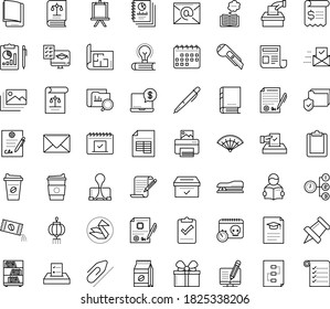 Thin outline vector icon set with dots - Copywriting vector, Distance Exam, electronic Book, Priority, Paperclip, Pen, Clipboard, Pin, Envelope, Stapler, Cutter knife, Binder clip, deadline, Easel