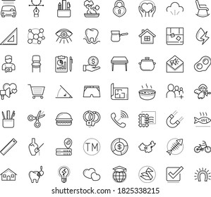 Thin outline vector icon set with dots - Car wash service vector, Global education, Trademark, Stationery, Scissors, Vision, Property plan, Drawing tools, curve pen, Stamps collecting, Origami, Bike
