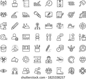 Thin outline vector icon set with dots - teamwork vector, Rubber boots, Garden hose, Gardening tools, pruner, referral, hr consulting, permanent recruitment, services, Cleaning service, Productivity