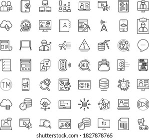 Thin outline vector icon set with dots - referral vector, hr software, Translation service, SEO, Video marketing, Web analytics, Search optimization, Mobile, Blog management, training, Learning