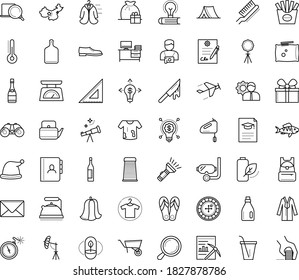 Thin outline vector icon set with dots - santa hat vector, gift bag, Business opportunity, Data mining, Magnifier, Envelope, Diving, Aeromodeling, Clothes, Man shoes, coat, wheelbarrow, professional