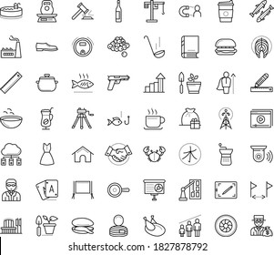 Thin outline vector icon set with dots - gift bag vector, growth, Gardening, Presentation, Online tutorial, Pencil and ruler, Graphic tablet, Fishing, Man shoes, dress, Construction, tower crane