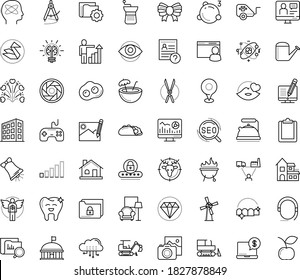 Icono de vector de contorno delgado con puntos - vectores de arco festivo, campana de Navidad, crecimiento de carrera, lata de riego, tijeras de jardinería, preguntas de hr, servicios de fotografía, SEO, análisis web, entrenador en línea, casa