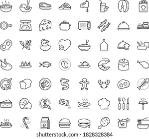 Thin outline vector icon set with dots - gingerbread man vector, candy cane, starters, Fish, main dish, chef, burger, sandwich, dessert, chicken, breakfast, Seafood, mussel, steak, sardine, eel, pan