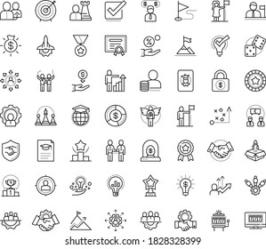 Thin outline vector icon set with dots - success vector, attainment, competition, award, reward, career growth, medal, successful woman, tactics, referral, outsourcing, hr strategy, Ranking, Target