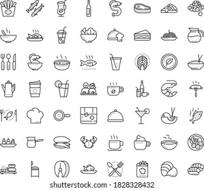 Thin outline vector icon set with dots - starters vector, Soup, Fish, main dish, chef, Beverage, Pasta, Salad, drinks, sandwich, seafood, vegetarian, dating, mussel, steak, sardine, eel, oyster, pan