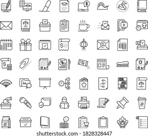 Thin outline vector icon set with dots - hr policies vector, Copywriting, Distance Exam, electronic Book, Priority, Paperclip, Board stand, Eraser, Clipboard, Pin, Envelope, Stapler, Scotch tape