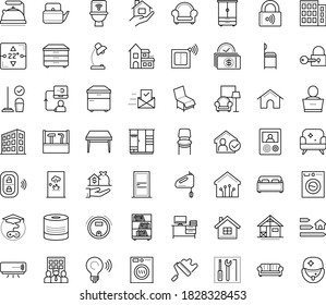Thin outline vector icon set with dots - stay home vector, Cleaning service, Real estate, Game based Learning, Business Company, Table lamp, paint roller, tools, door, repair kit, rent deposit, Sofa