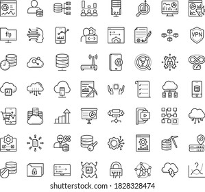 Thin outline vector icon set with dots - growth vector, Web analytics, Marketing research, Presentation, Website optimization, Machine learning, Clustering, Data mining, Future technology, Developer