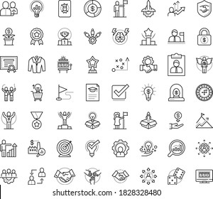 Thin outline vector icon set with dots - success vector, winner, competition, award, reward, champion, goal, career growth, medal, successful woman, tactics, referral, outsourcing, Ranking, suit