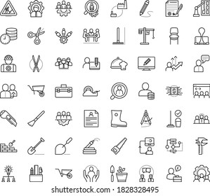 Thin outline vector icon set with dots - teamwork vector, Shovel, Rake, Wheelbarrow, Gardening scissors, Hand saw, Rubber boots, Garden hose, referral, hr consulting, permanent recruitment, services