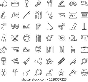 Thin outline vector icon set with dots - Rake vector, Scythe, Wheelbarrow, Gardening scissors, Hand saw, Garden hose, tools, pruner, service, Productivity, Pen, Pencil, Magnifier, and ruler, Eraser