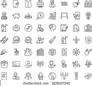 Thin outline vector icon set with dots - chills vector, success, celebration, innovation, successful woman, Hand saw, SEO, Creative campaign, Business opportunity, Sharpener, coding, vest, staff