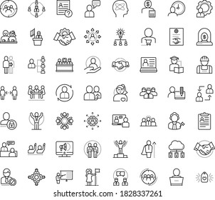 Thin outline vector icon set with dots - social distancing vector, winner, champion, successful woman, Human Resources, referral, hr planning, consulting, software, job interview, outsourcing, hero