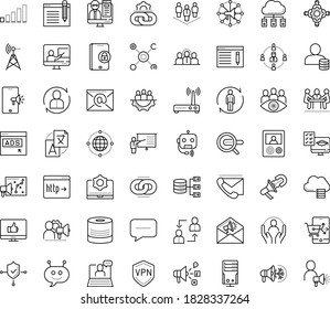 Thin outline vector icon set with dots - Human Resources vector, Resour es, employee relations, Translation service, SEO copywriting, Search engine, Social media marketing, Web Link, Distance Exam