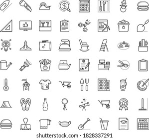 Thin Outline Vector Icon Set With Dots - Medical Mask Vector, Snowman, Award, Shovel, Rake, Wheelbarrow, Watering Can, Gardening Tools, Garden Pruner, Hr Policies, Data Mining, Paperclip, Clipboard